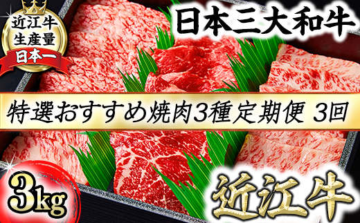 【定期便】A4A5等級特選近江牛おすすめ部位 焼肉3種（1kg×3回）